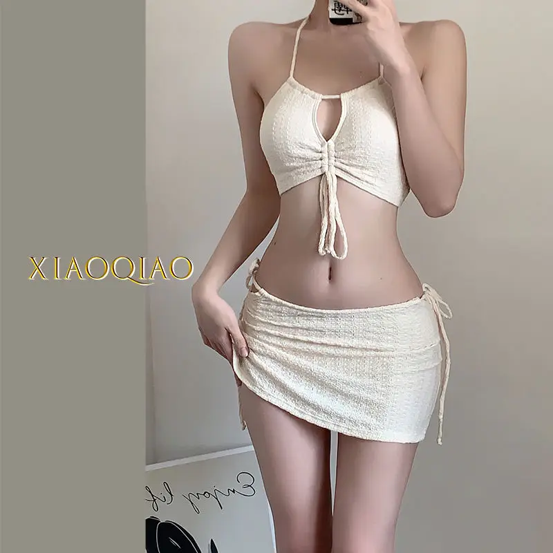 KPOP Fashion Style Harajuku Kawaii Aesthetic Sexy Bikinis Sleeveless Hollow Out Loose High Waist Women\'s Three Piece Swimsuit