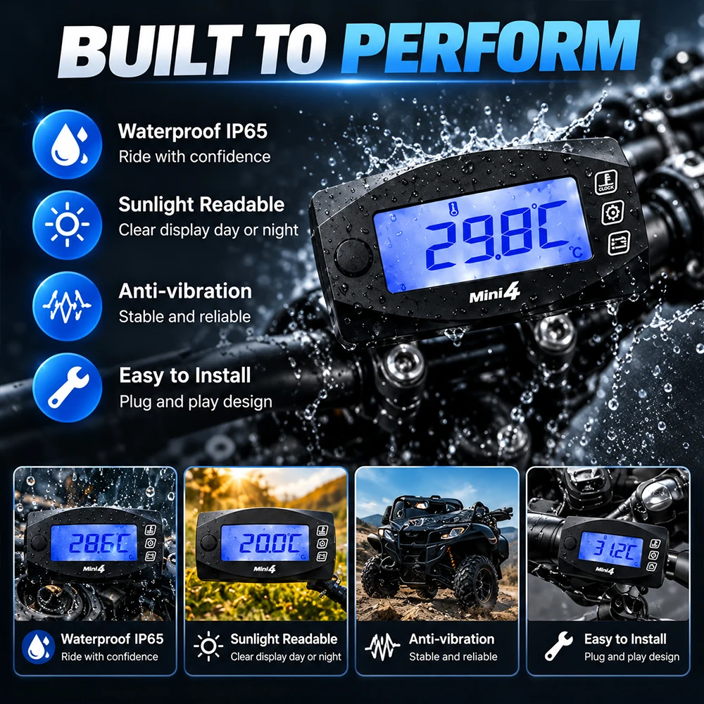 Motorrad 4-in-1 Digitalanzeige Zylindertemperaturmesser Drehzahlmesser Voltmeter Zeitanzeige Mini-LED-Monitor – Detail 3