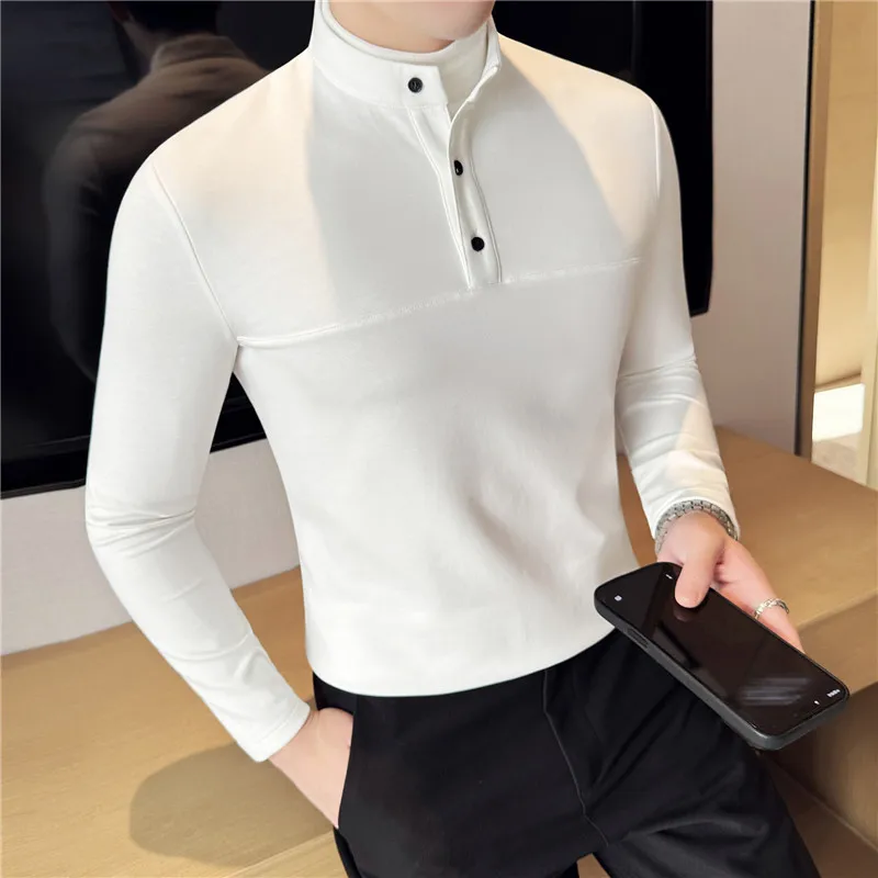 Half-high Collar Spring and Autumn Base Layer Shirt, Double-layer Collar, 53% Cotton, Moisture-wicking T-shirt for Men Stretch