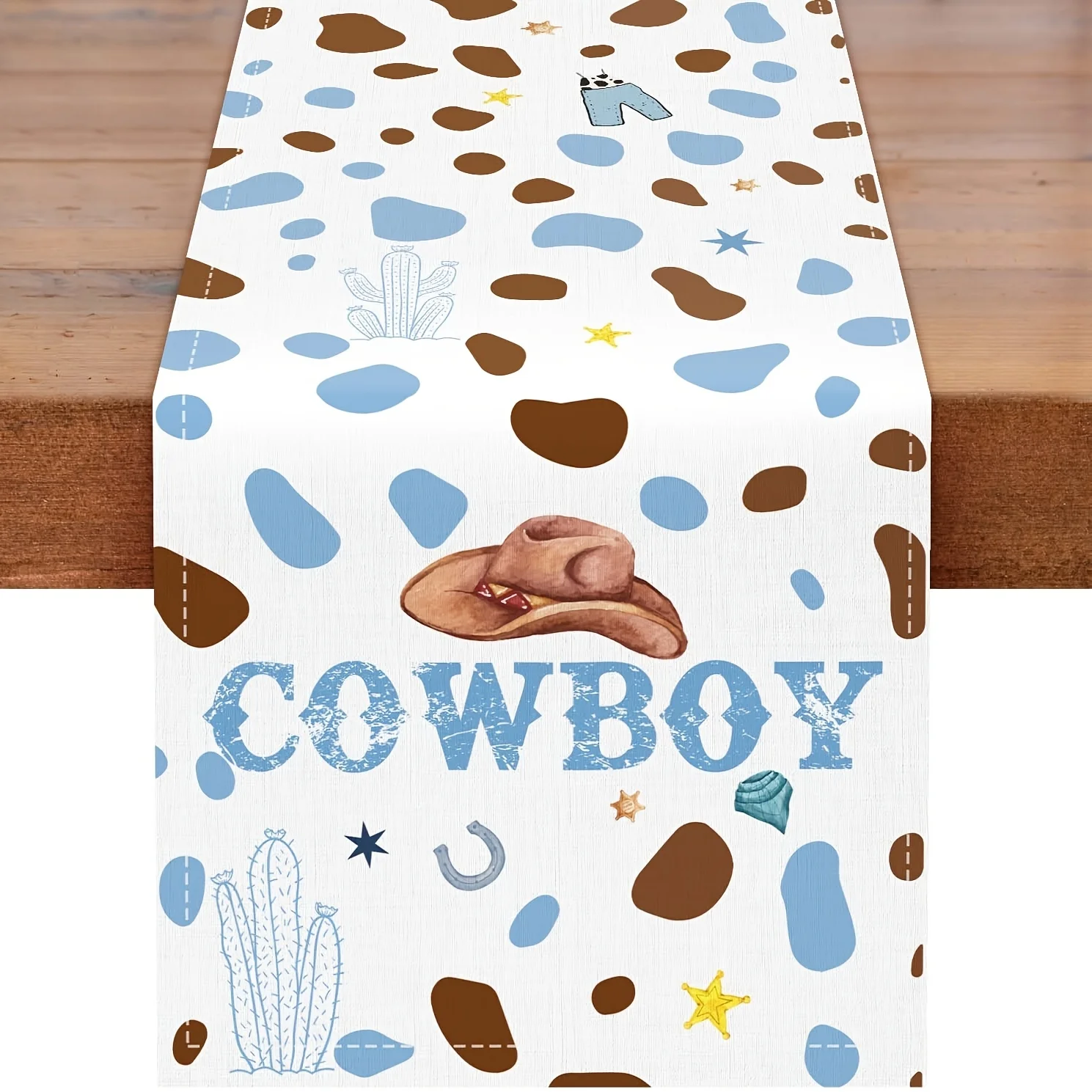 1 Piece Western Cowboy Flag, Blue, White, and Brown Table Runner, Suitable for Farmhouse, Indoor, Kitchen, Celebrations, Table Decoration, Restaurant, and Banquet Decoration Supplies