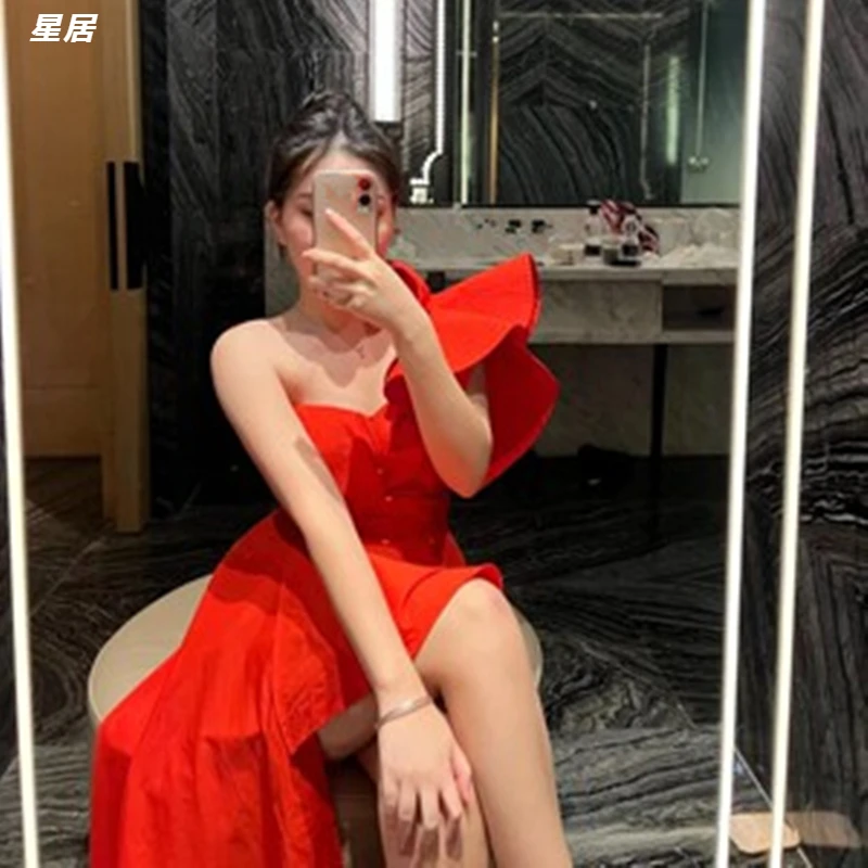 Xing Ju Kpop Women Group Stage Nightclub Red Off-Shoulder Irregular Dress Concert Outfits Rave Wear DJ Sexy Performance Costume - view 2