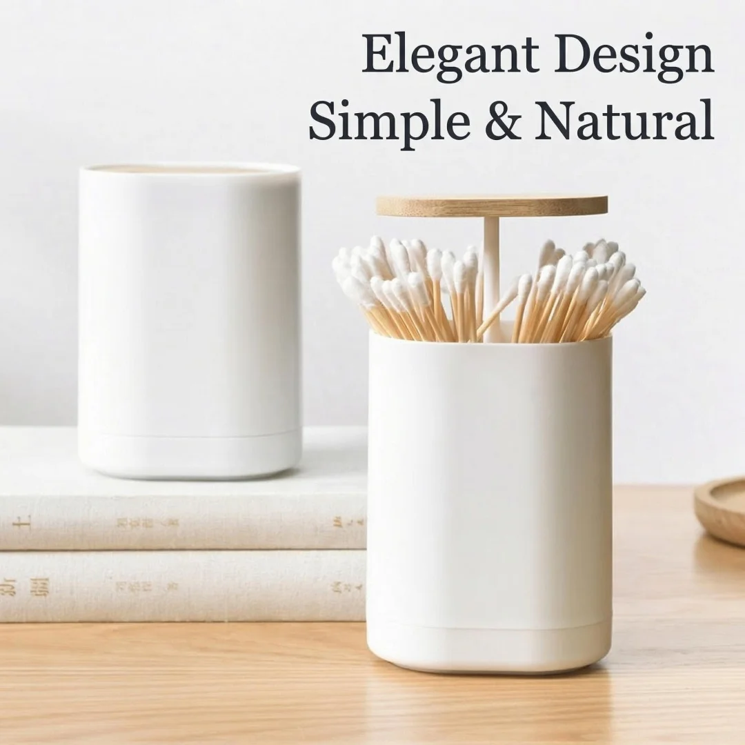 Automatic Pop-Up Toothpick Holder with Bamboo Lid, Multifunctional ABS Organizer for Cotton Swabs, Dental Floss, Home Storage