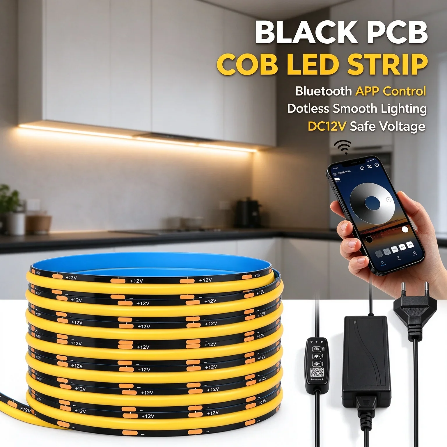 EU US UK Bluetooth Controlled COB LED Strip Kit, DC12V Uniform Lighting, APP Control Support, Timer Schedule & Scene DIY