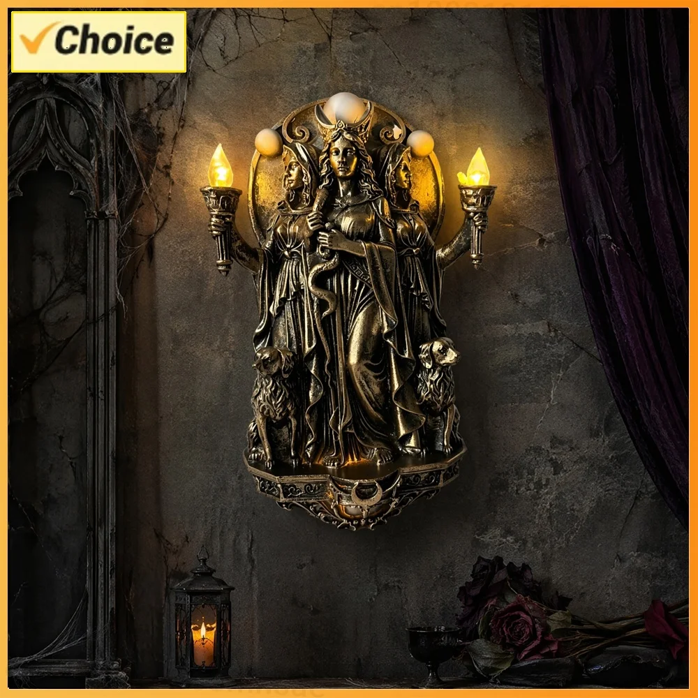 Triple Goddess Wall Mounted Lights with Torches & Dogs Wall Sconces Cordless Design Sconce Lamps for Themed Rooms Hallway
