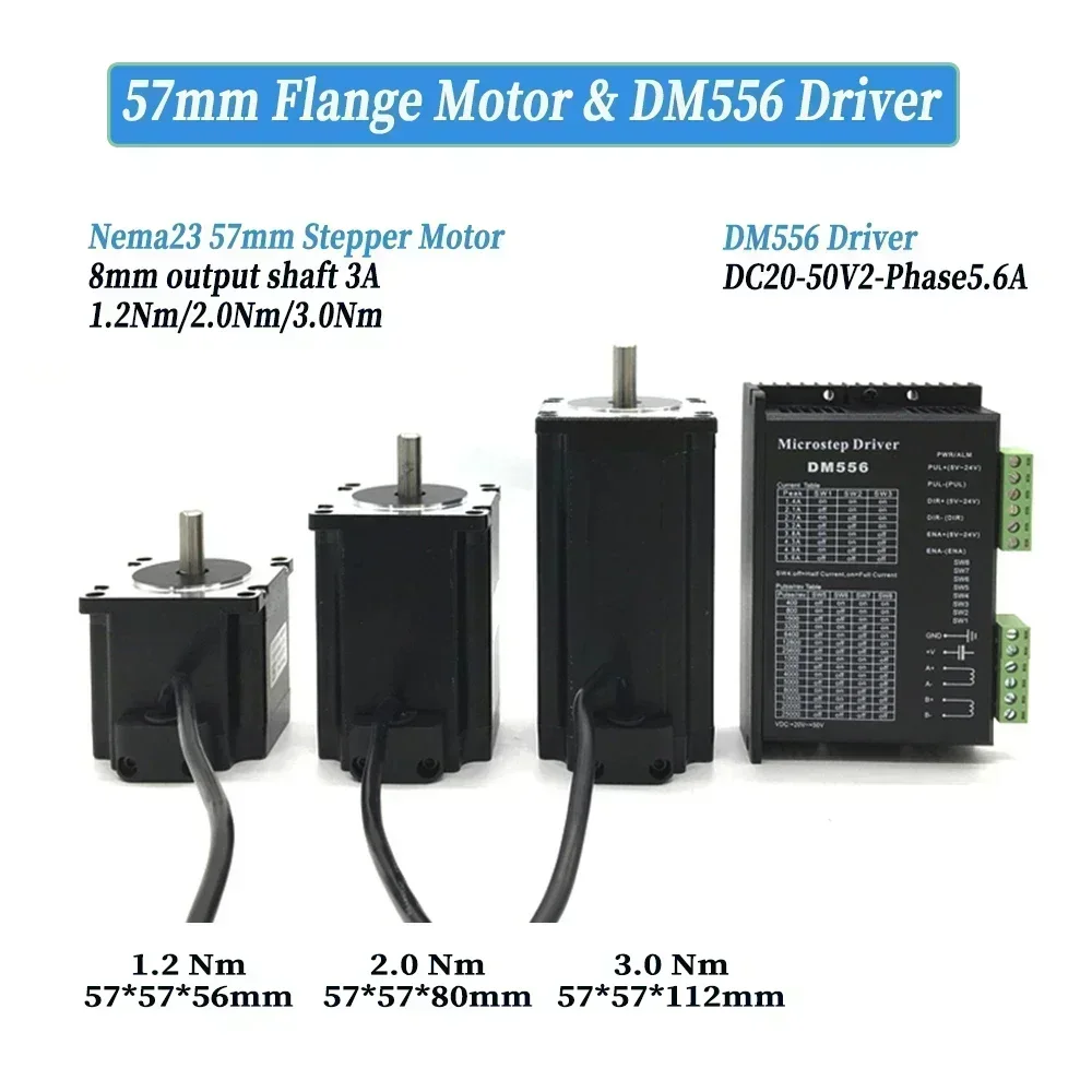 Moteur pas à pas NEMA23 57 mm 1,2-3 Nm couple élevé, kit de pilote biphasé 3A pour imprimante/graveur CNC/graveur 3D - Arbre de 8 mm certifié CE