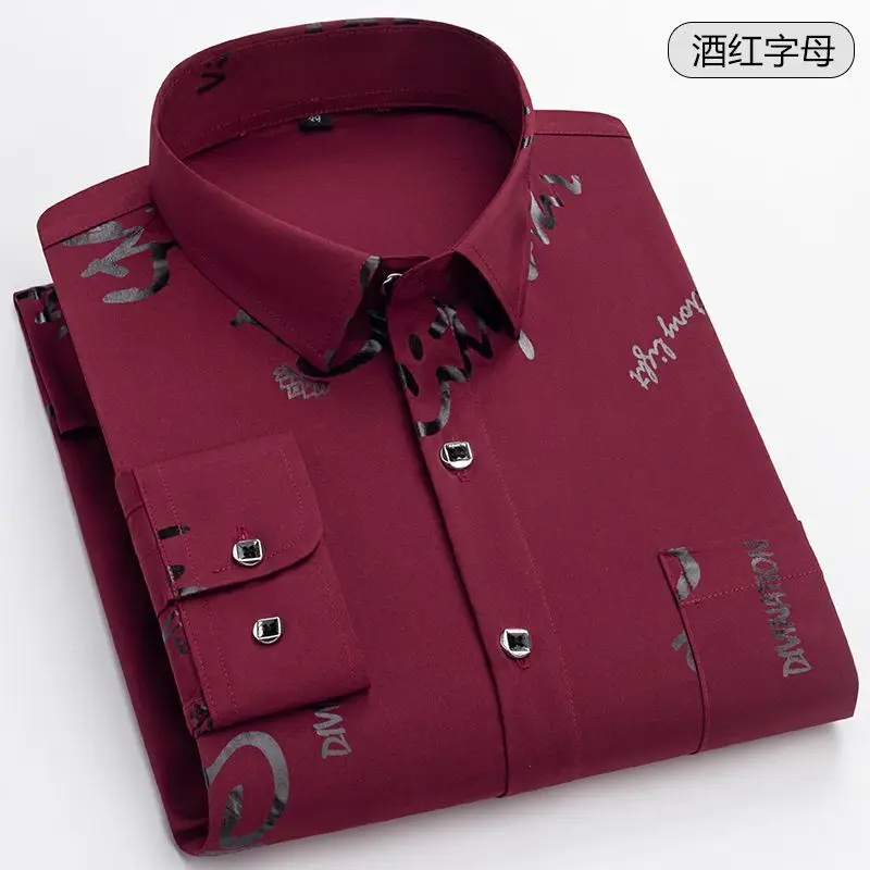 

Men New Fashion Printing Turn-down Collar Long Sleeve Slim Shirts Spring Business Casual Buttons Letter Blouse Male Pocket Tops