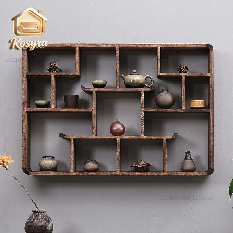 Chinese Style Wooden Wall Shelf, Rustic Floating Shelves for Living Room, Wall Mounted Storage Display Rack, Home Decor