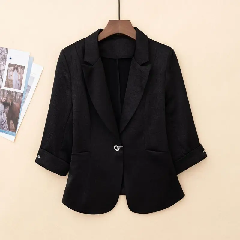 

White Acetate Satin Suit Jacket Women Summer Thin New Style Seven Sleeve Casual Short Length One Button Closure Fashionable