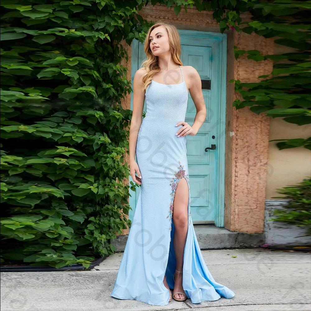 

Customized Blue Long Evening Dresses With Diamond Jersey Scoop Neck Mermaid Beaded Side Slit Backless Formal Prom Party Gowns