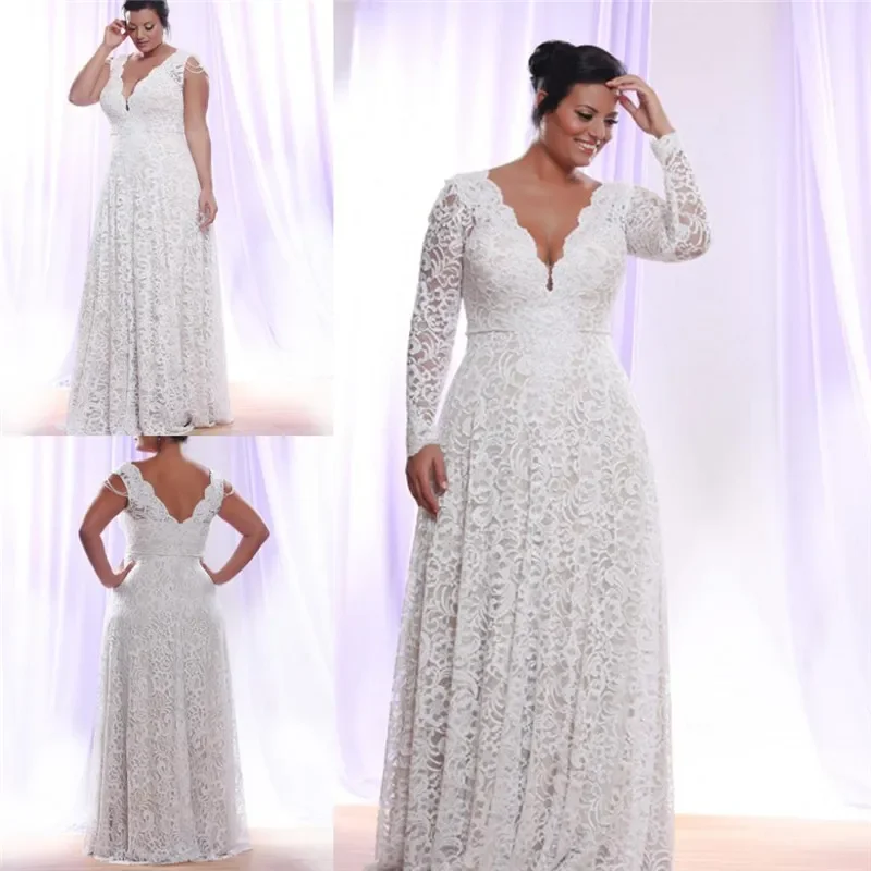 Cheap Custom Plus Size Full Lace Wedding Dresses With Removable Long Sleeves V Neck Floor Length Bridal Gowns