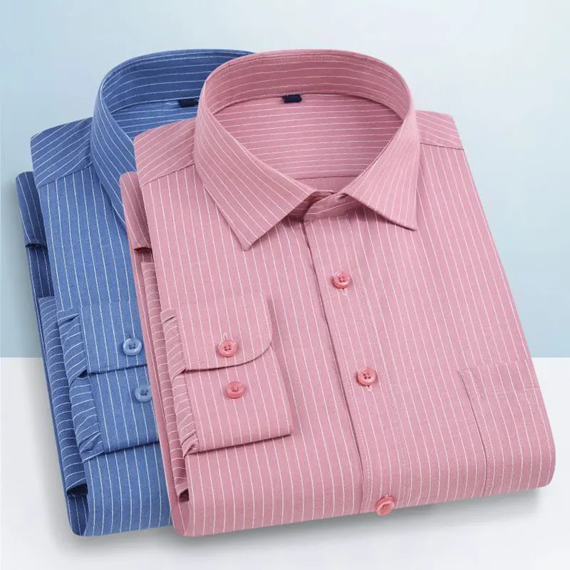 Camisa a rayas de fibra de bambú de manga larga para hombre, resistente a las arrugas, sin planchado, informal de negocios, cargado con bolsillos,