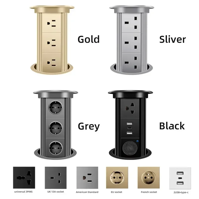 Motorized Pop up Tower Socket Wireless Charger Automatic Power Plug Desktop Worktop ,Eu Fr Socket USB Type-C Bluetooth Speaker