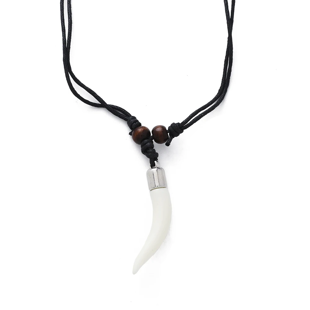 1pc Immitation Yak Bone Resin Wolf Tooth Charms Pendant With Black Wax Cord Lucky Amulet Necklace For Men Women Jewelry