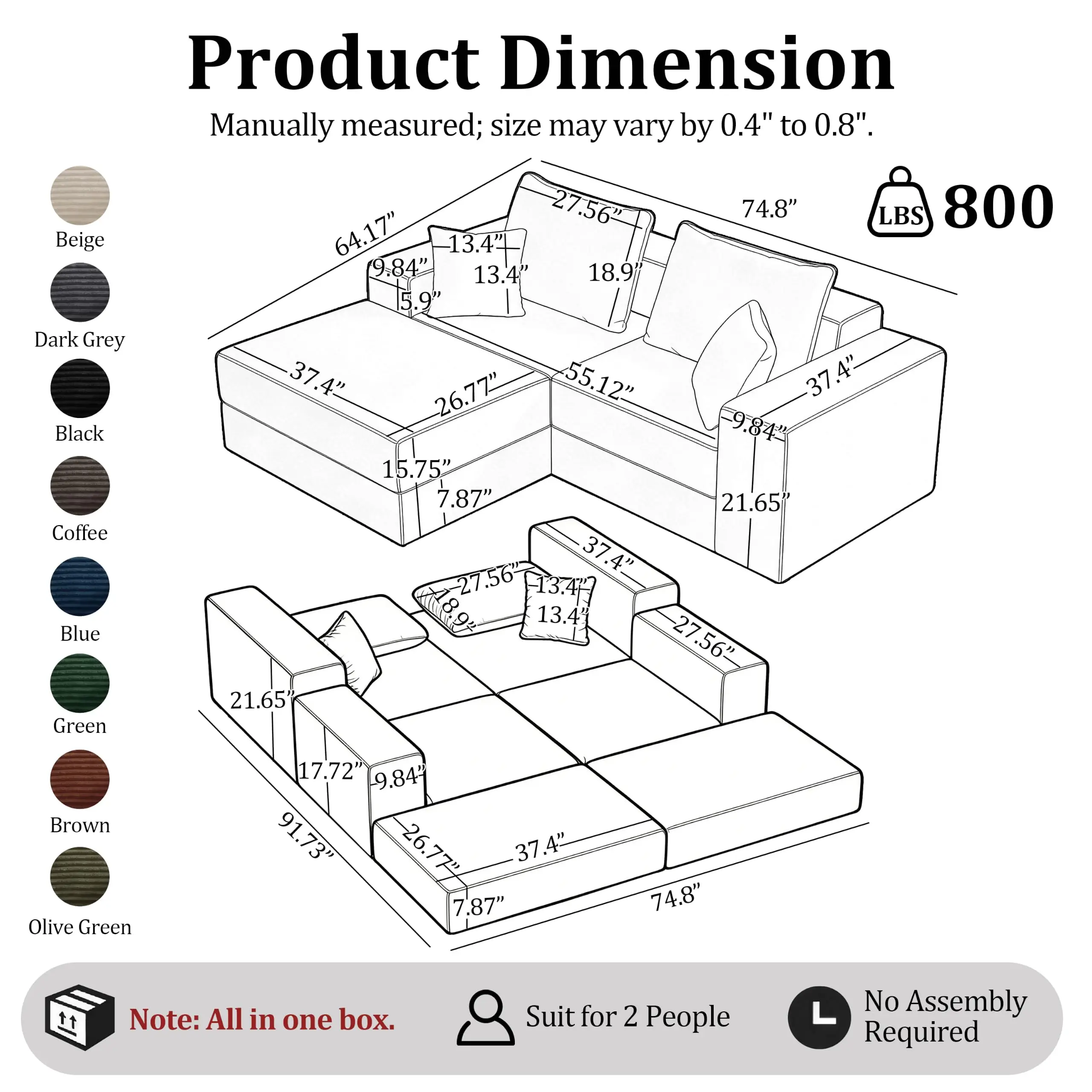 75'' L-Shaped Cloud ular Sectional Couch with Chaise, ern Corduroy Memory Foam a Bed, Upholstered Bonel Deep Seat