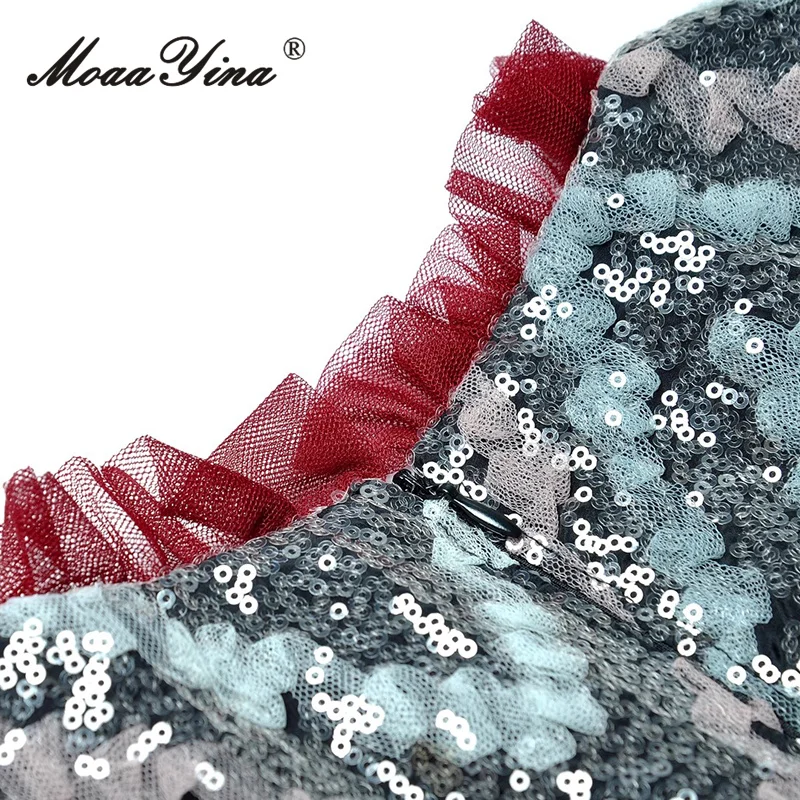 تنورة MoaaYina برقبة دائرية وأكمام فانوس شبكية مطرزة بحافة مكشكشة فستان طويل عصري لخريف 2025 #5