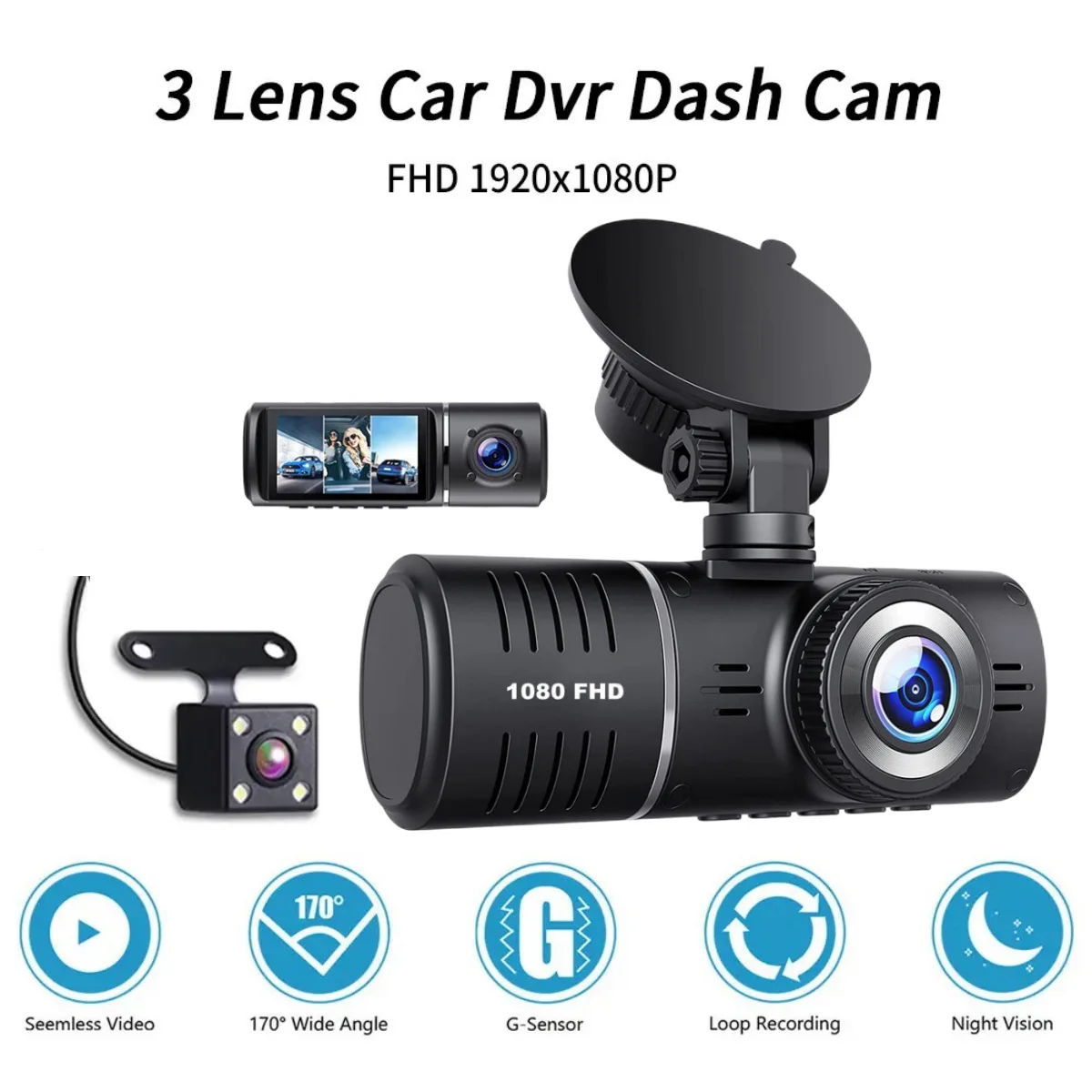 Yikoo High Quality 3 Channels Front Inside Rear Night Vision 1080P+480p+480p Dash Cam Car Black Box