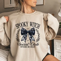 Halloween Bow Spooky Wicth Social Club Print Women Sweatshirt Autumn Winter Ladies Long Sleeves Pullovers Halloween Sweatshirt