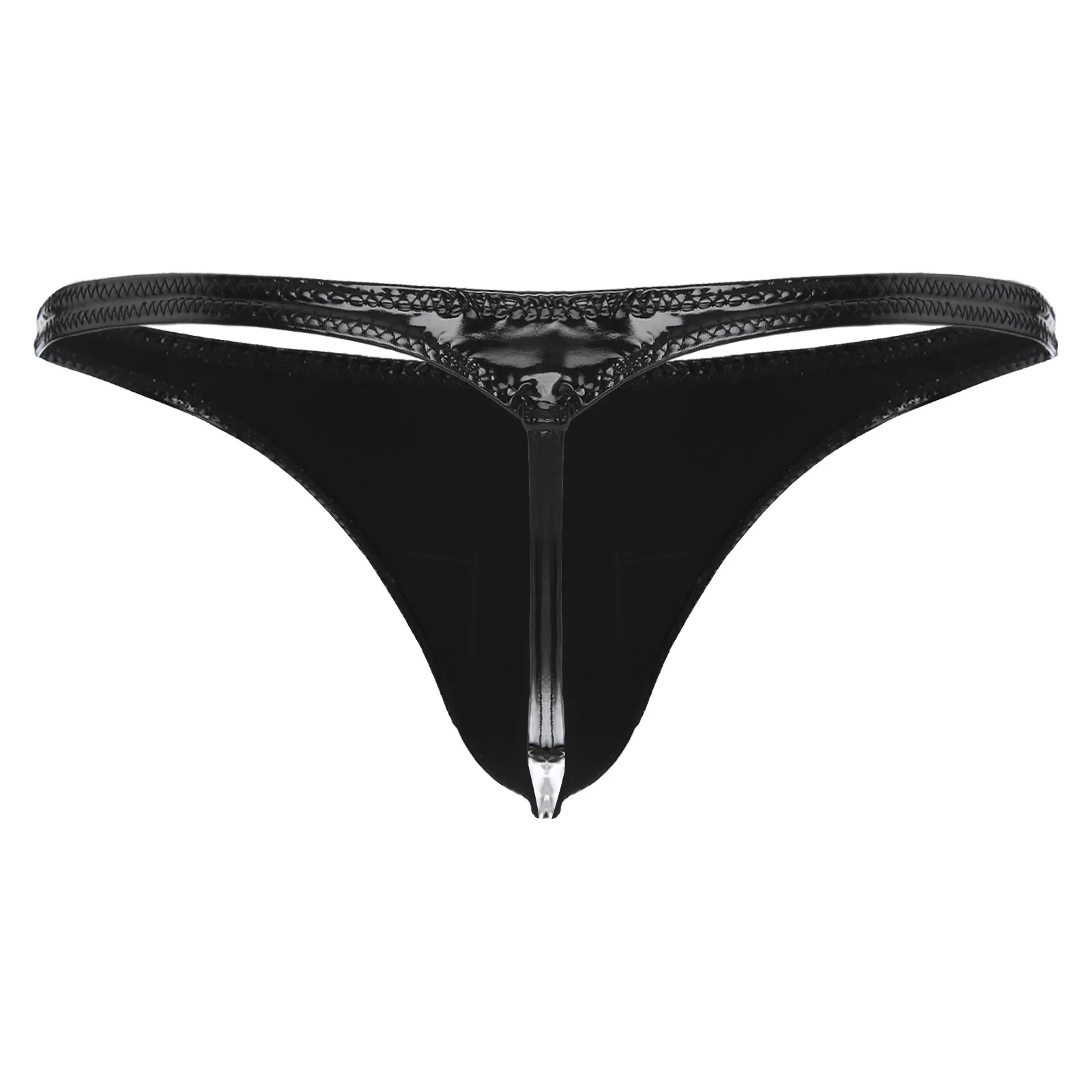 Men's Patent Leather Thong Sexy Low-rise U Convex Pouch Elastic Open Back T-back Underwear