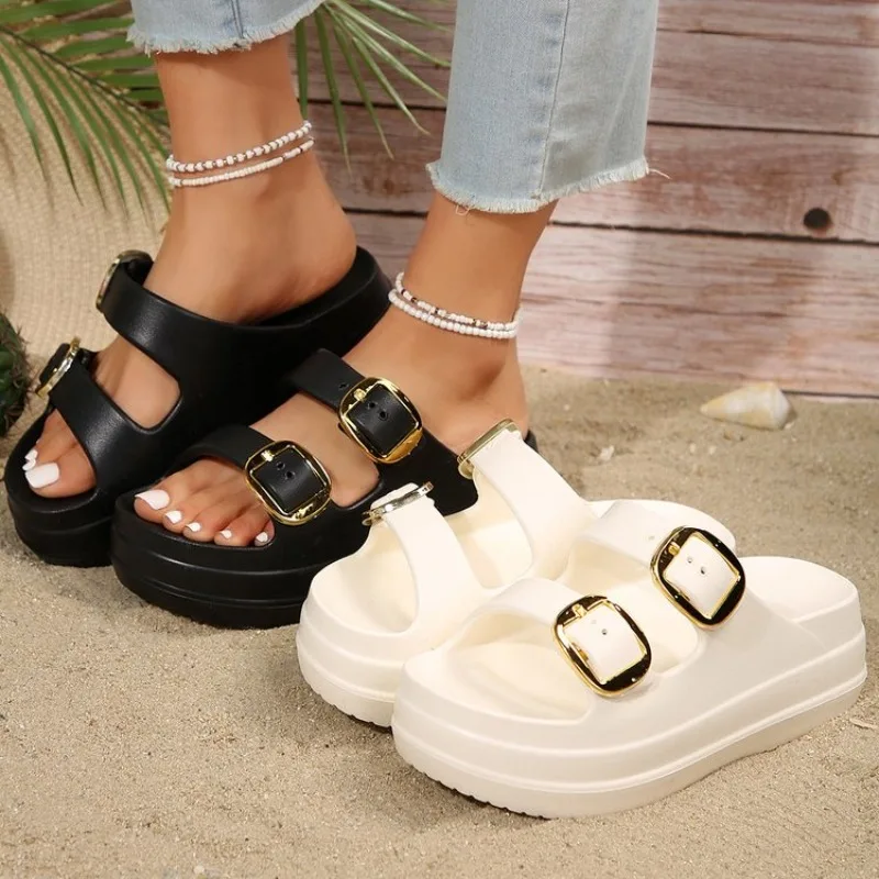 JOZHAMTA Size  Sandals Women Real Summer Beach Ladies Low Heel Shoes Metal Detailed Ankle Buckle Strap