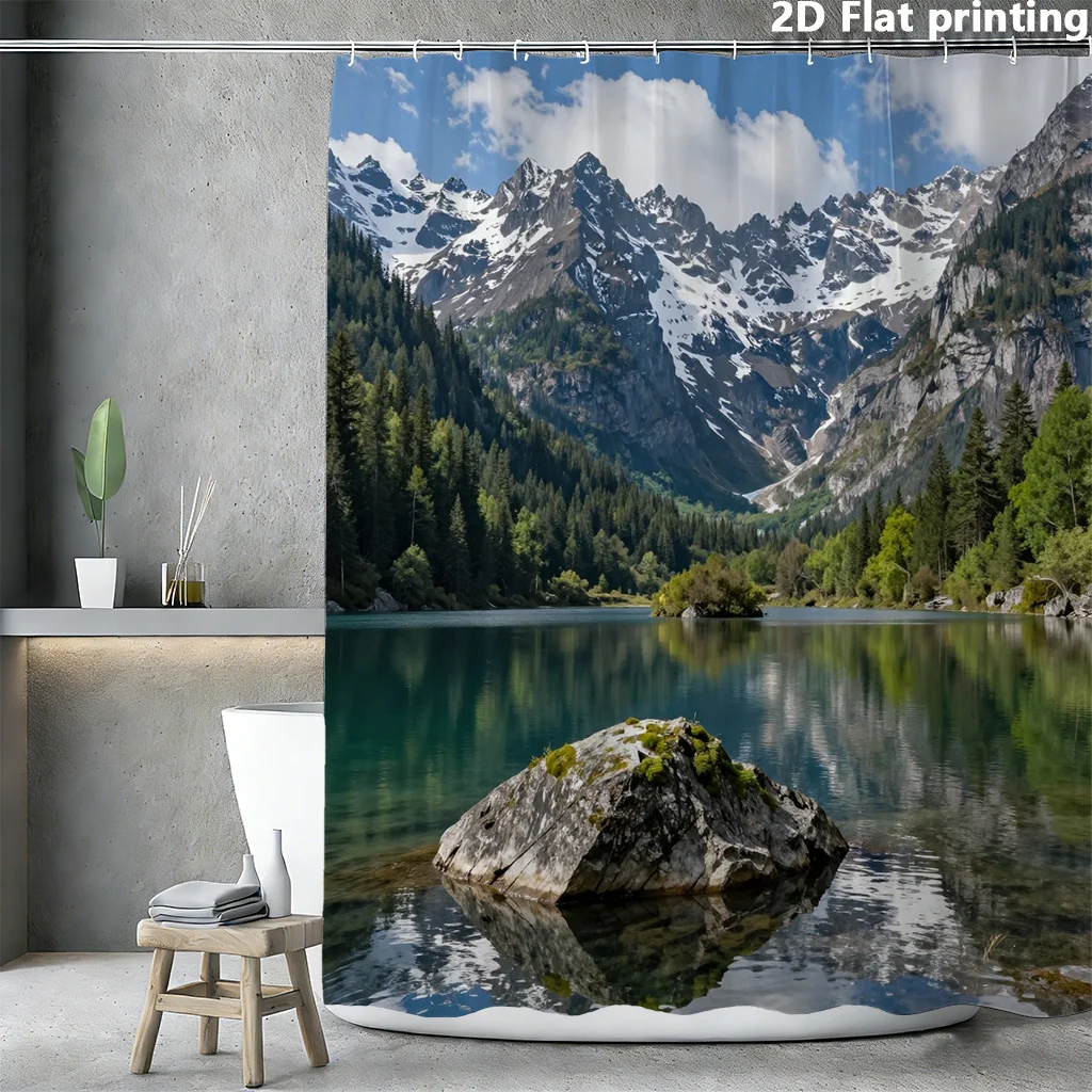 

Занавеска для душа Alpine Lake, 1 шт., полиэстер, 2D плоская печать, 70.8x70.8 дюймов, снежные вершины, сосновый лес, мохистые скалы, бирюзовая вода