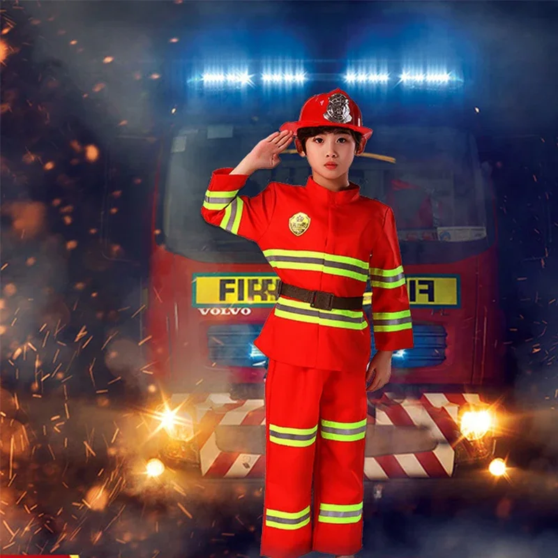 Kids Firefighter Halloween Cosplay Uniform Toys Children Sam Firemen Role Work Clothing Suit Boy Girl Performance Party Costumes