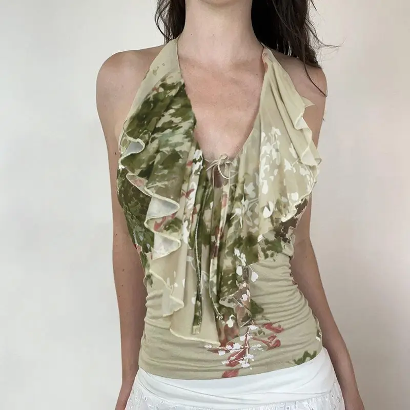 

Plant Print Ruffled Strapless Crop Top for Women, Sexy Backless Slimming Halter Neck Camisole T-shirt