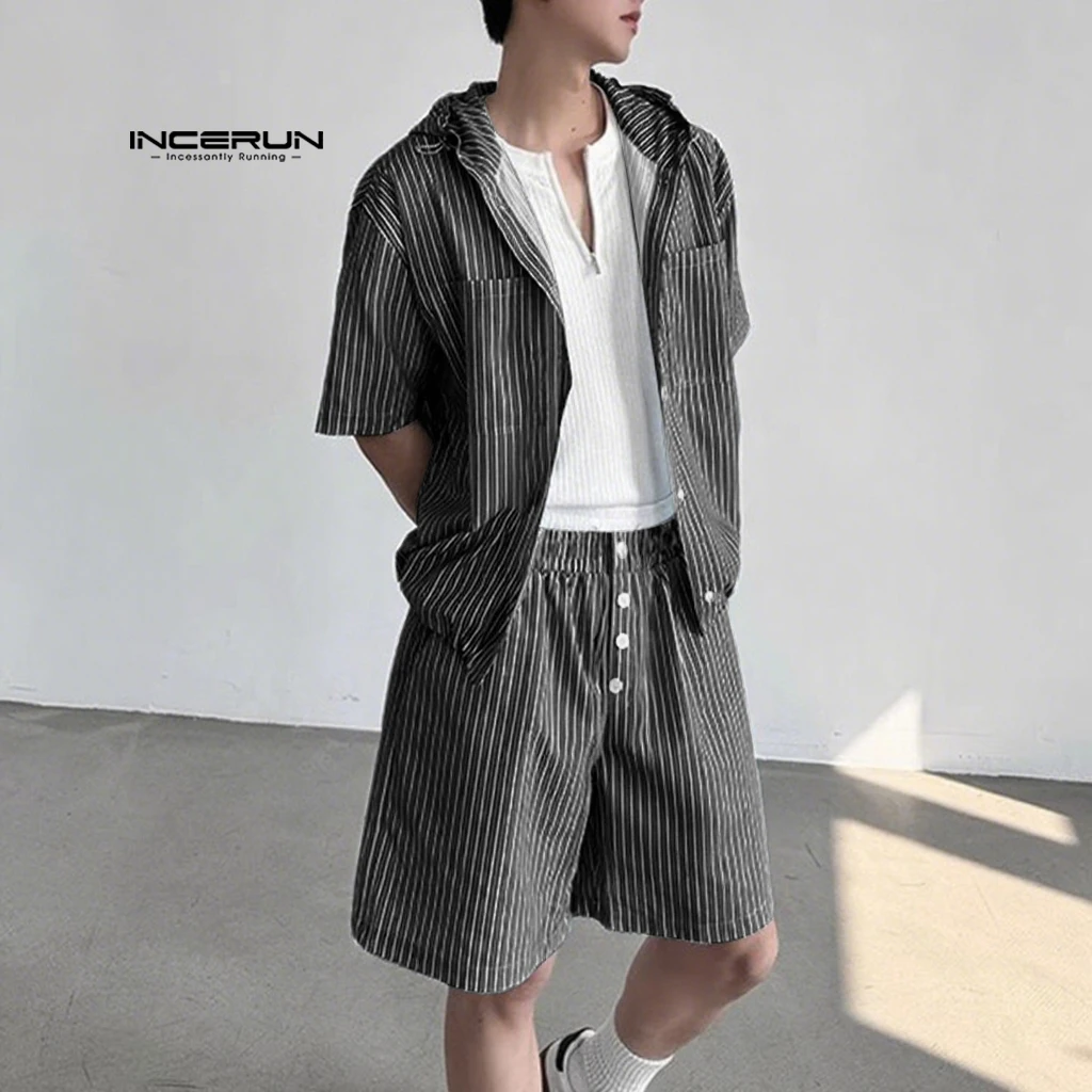 

INCERUN Men's Sets Striped Two-piece Suits Fashion Summer Hooded Shirts Casual Male Shorts Streetwear 2PCS Tops Short Pants
