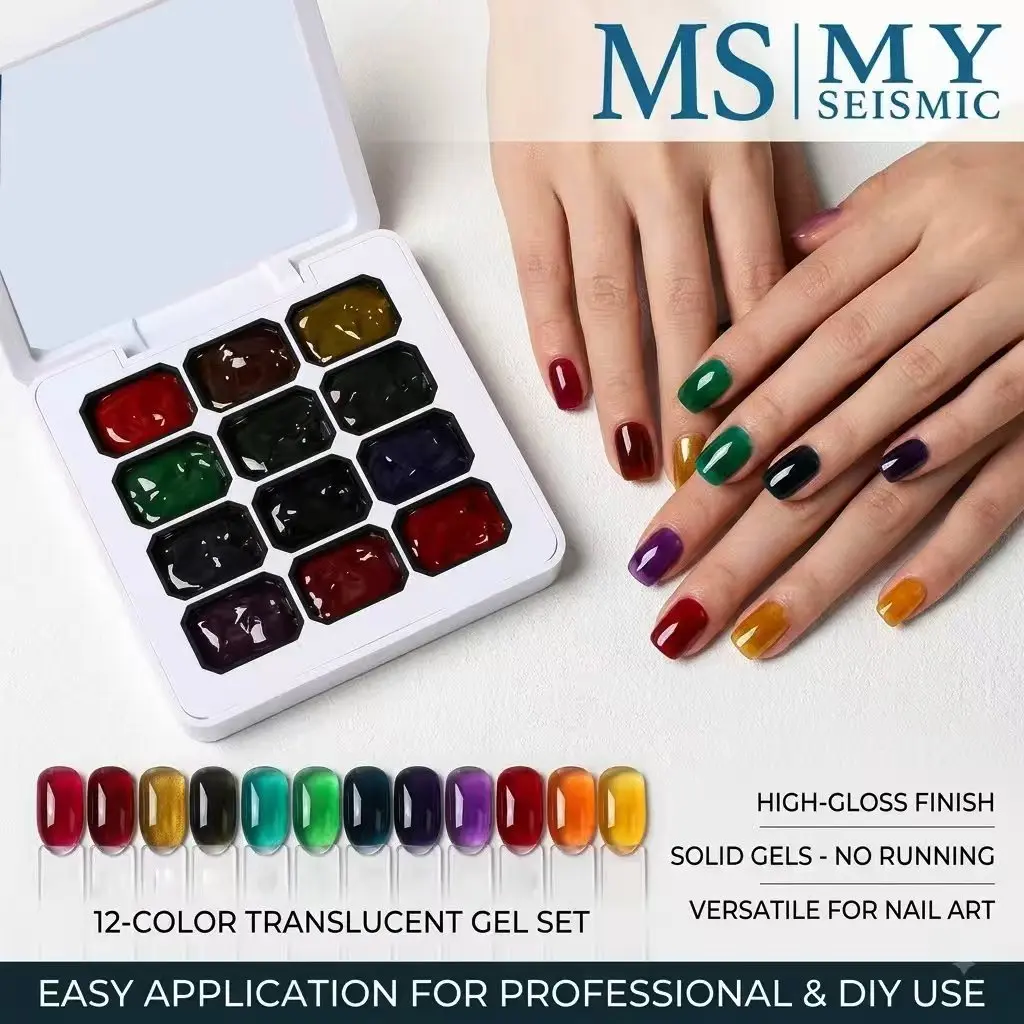 12-Color Set of Translucent, Candy-Toned Solid Gel Polishes Featuring a Dopamine Color Palette Suitable for Ombre Blending, Hand