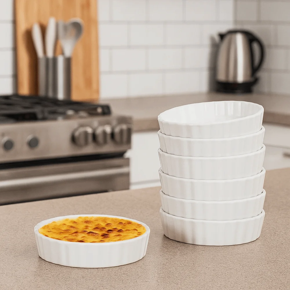 

6pcs Individual Serving Ceramic Creme Brulee Ramekins Round White Souffle Dishes Shallow Steamed Egg Dishes Household