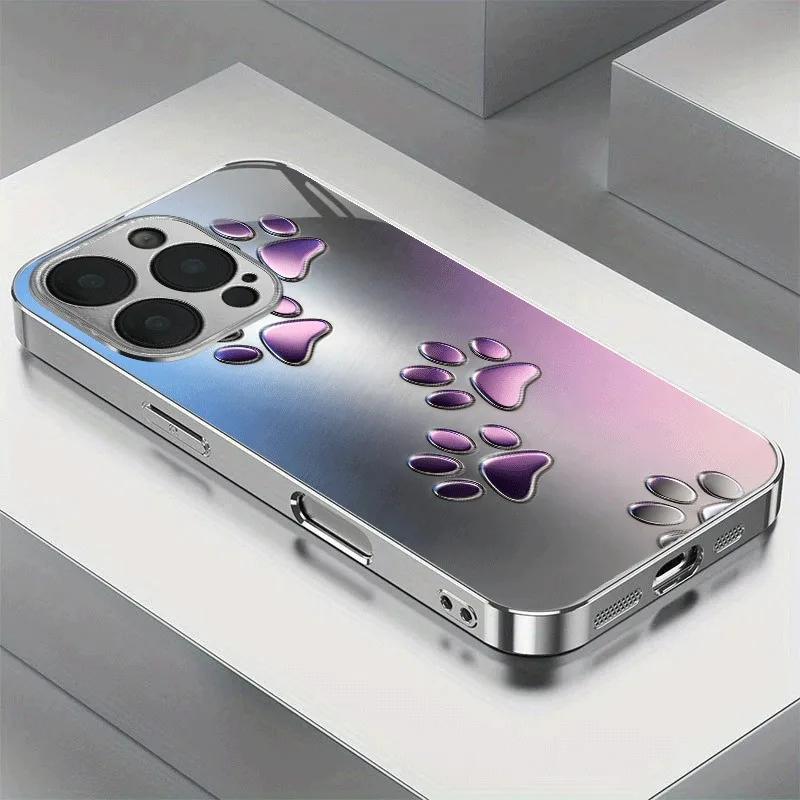 Purple Gradient Paw Pattern Glass Phone Case For iPhone 11 12 13 14 15 16 17 Pro Max 14 Plus 17 Air Electroplate Silver Cover