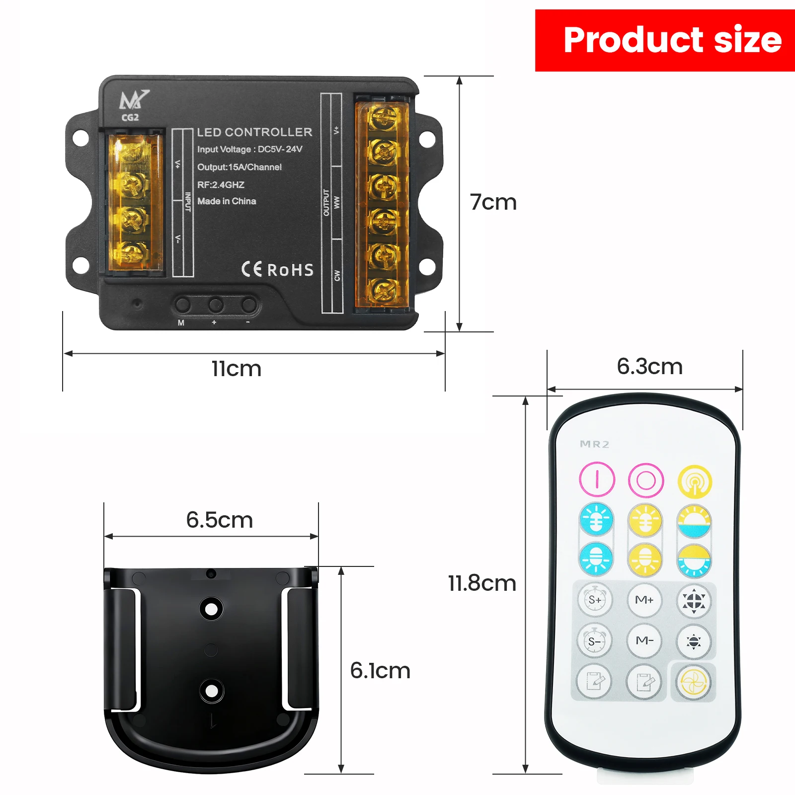 DC 5-24V Dimmer Controller for CCT LED Strip 15A/CH 18Keys RF Dimmer Stepless Dimming