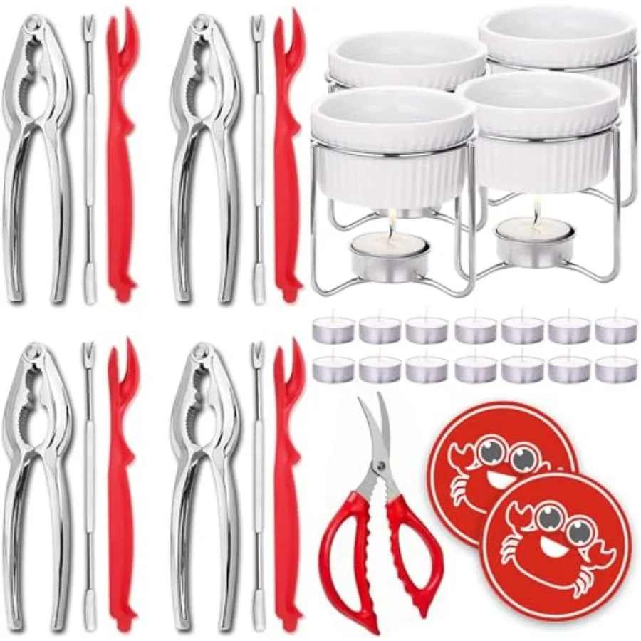 

Luvan 33 Pcs Crab Crackers and Tools Set with 4 Crab Leg Crackers 4 Crab Forks 4 Lobster Shellers 4 Butter Warmers 1 Seafood Sc