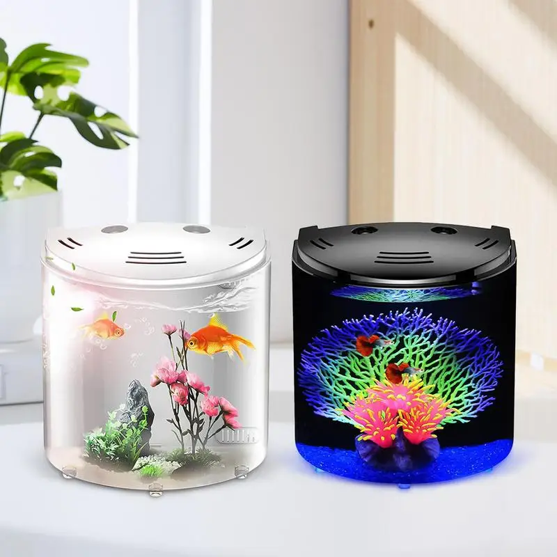 Mini Fish Tank Creative Aquarium Transparent LED Light G0ldfish Small Fish Tank Clear Container With Water Pumps Home Decoration