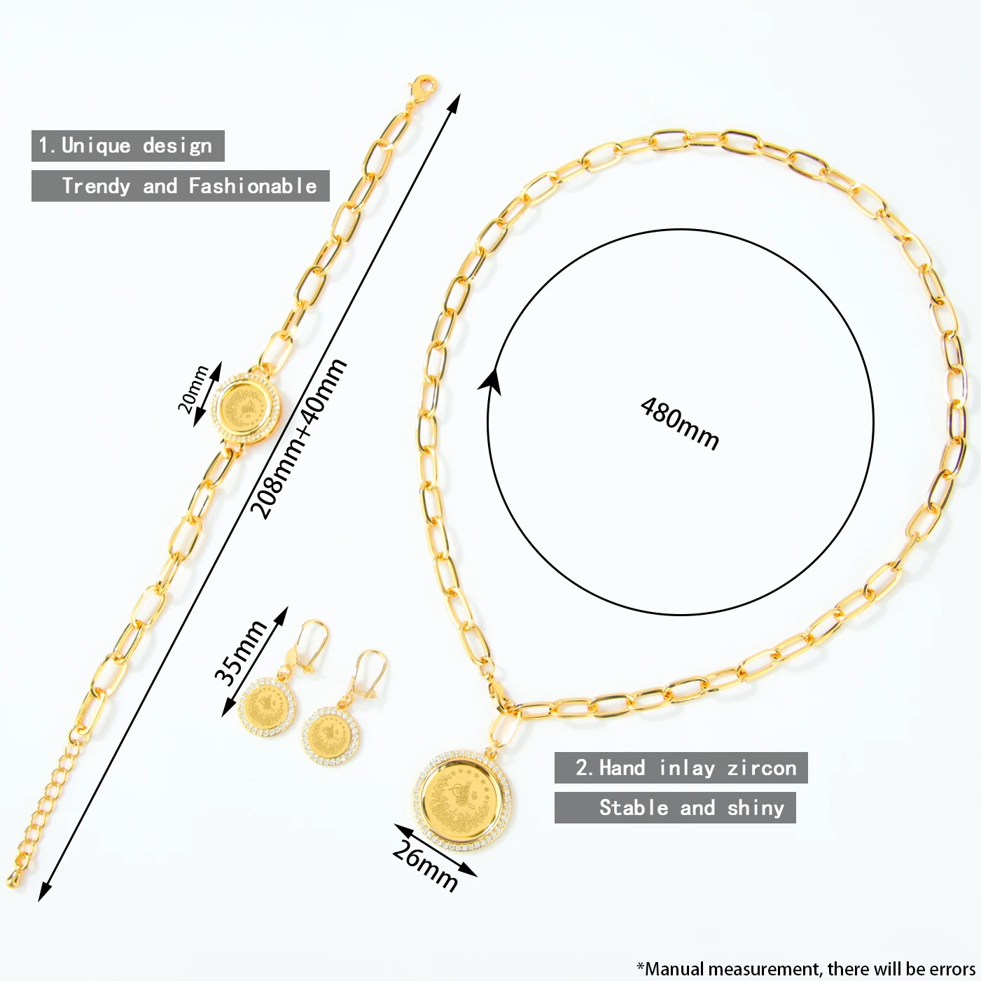 Türkisches Mode-Münzschmuckset 21k Vergoldet Nigeria Braut Hochzeit Zirkonia Halskette Armband Ohrringe Dubai Gold Schmuck – Detail 3