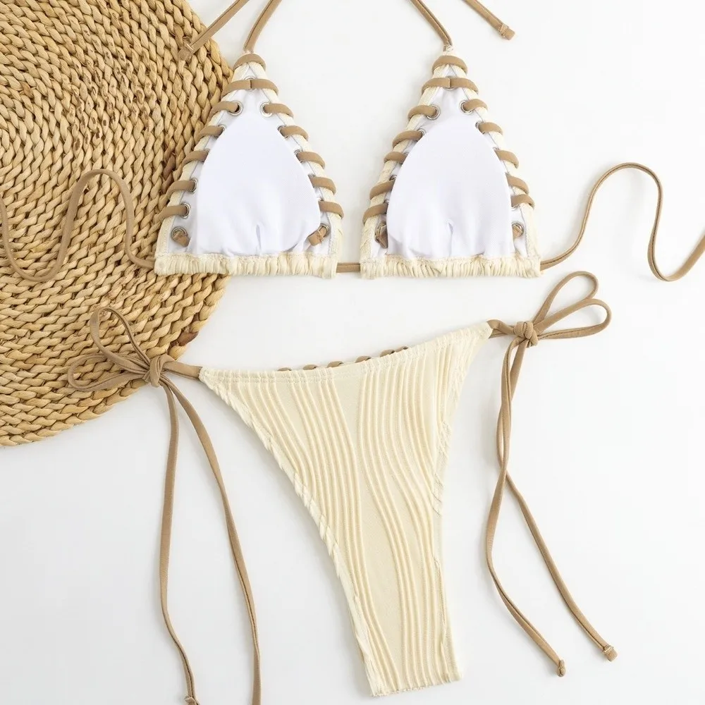 Simple Rope String Bikini Suit Ruffled Slim Fit Swimwear Set Lace Up Halter Neck Sling Swimsuit Resort Wear