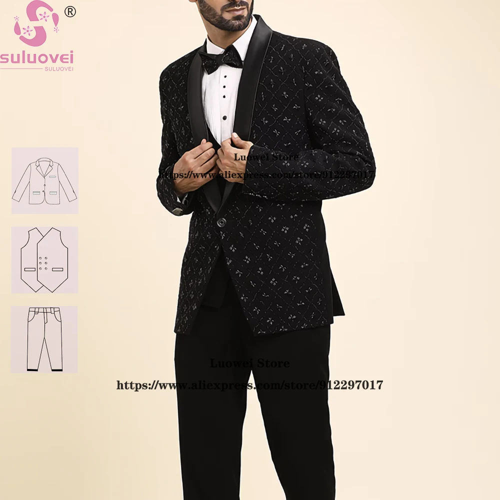 Luxury Handmade Beaded Floral Suits For Mens Slim Fit Elegant 3 Piece Jacket Vest Pants Set Formal Grooms Wedding Tuxedos Blazer