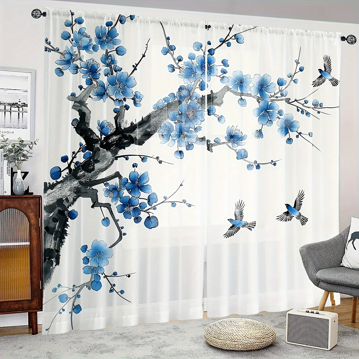 

2pcs Blue Lined Ink Blue Flower Spring Scenery Bird Pattern Window Yarn Home Deco Living Room Bedroom Study Window Voile Drape