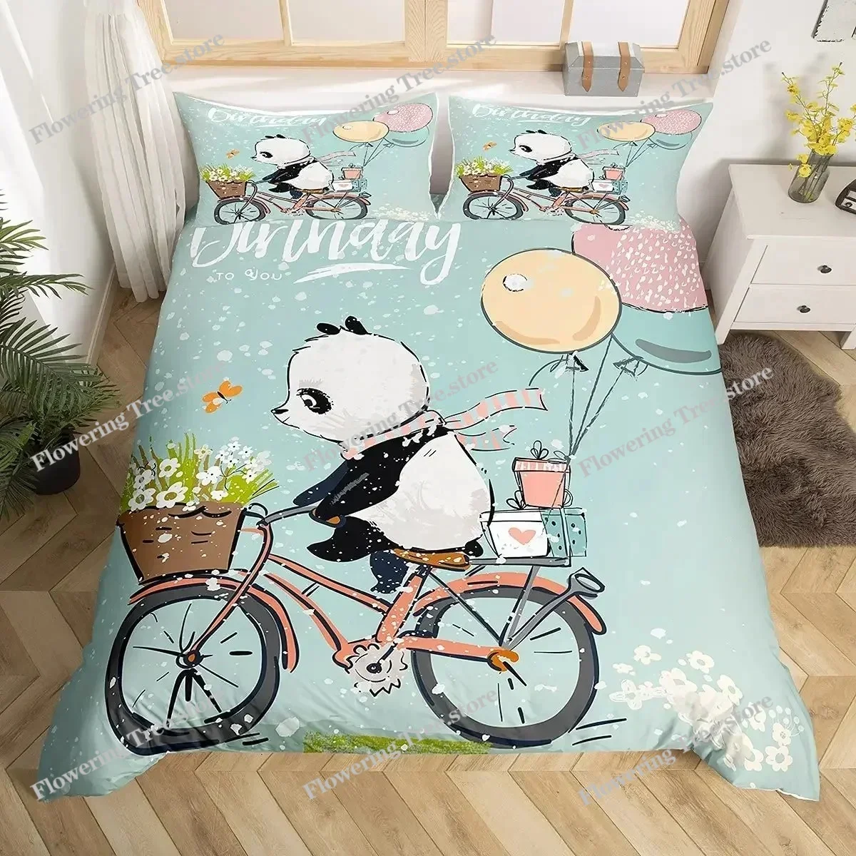 Animal Panda King Full Bedidng Set Kids Romantic Bedding Set Cartoon Animal Duvet Cover Bicycle Balloon Dragonfly Quilt Cover
