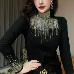 Autumn Winter Women Korean Fashion Rhinestone Thick Warm Basic T-shirt Elegant Black High Collar Long Sleeve Slim Pullover Tops