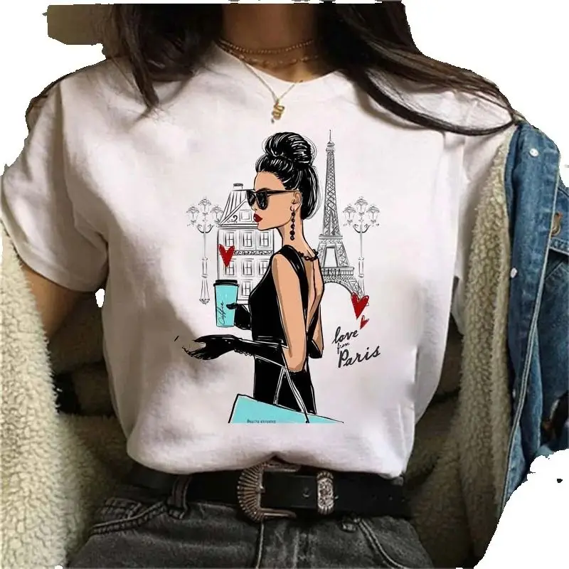 Urban Girls  round Fashion Lady Red Rose Luxury Handbag Print T Shirt Women Elegant High Heels Graphic Casual Short Sleeve Tee