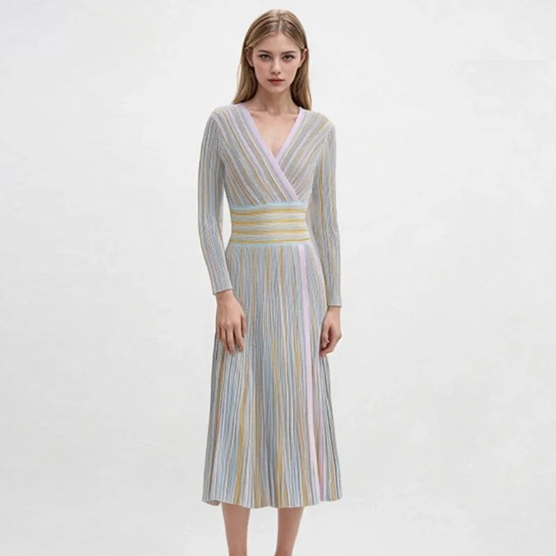 Vestido feminino de malha de seda dourada com decote em V manga comprida slim fit noite festival festa midi robe