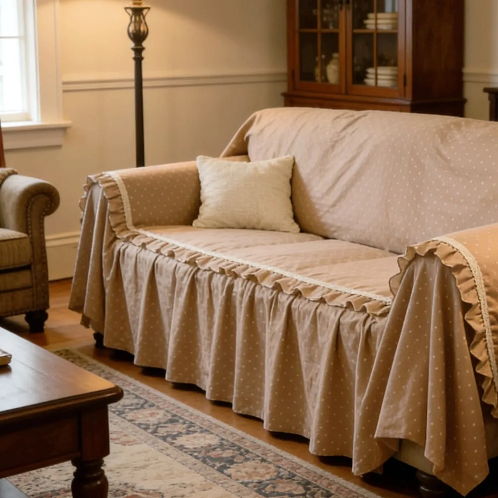 French Korean Pastoral Princess Khaki Lace Cotton Lotus Leaf Edge Sofa Towel 2 and 3 Seater Sofa Cover Whole Cover