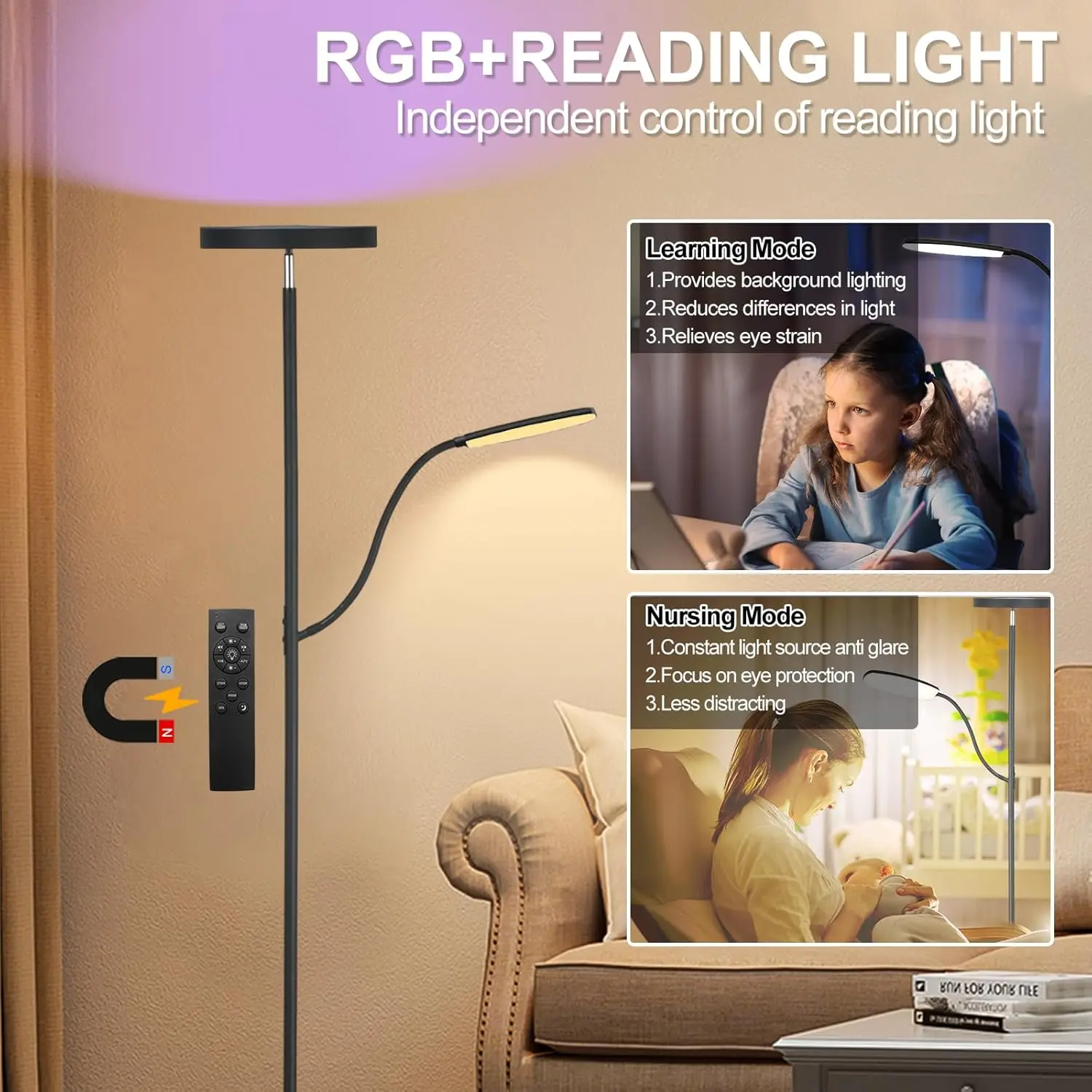 مصباح أرضي Dimmer RGB، 24W/2000LM رئيسي + ضوء جانبي 10W/350LM، 3 ألوان قابلة للتعديل، جهاز تحكم عن بعد وجهاز تحكم في التطبيقات لغرفة المعيشة