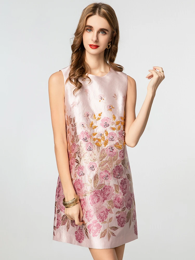 DSFACAIRIJ ผู้หญิงคริสตัลประดับด้วยลูกปัด Jacquard ชุดมินิ O-คอ Vintage เสื้อกั๊กแฟชั่นฤดูร้อนสําหรับหญิง