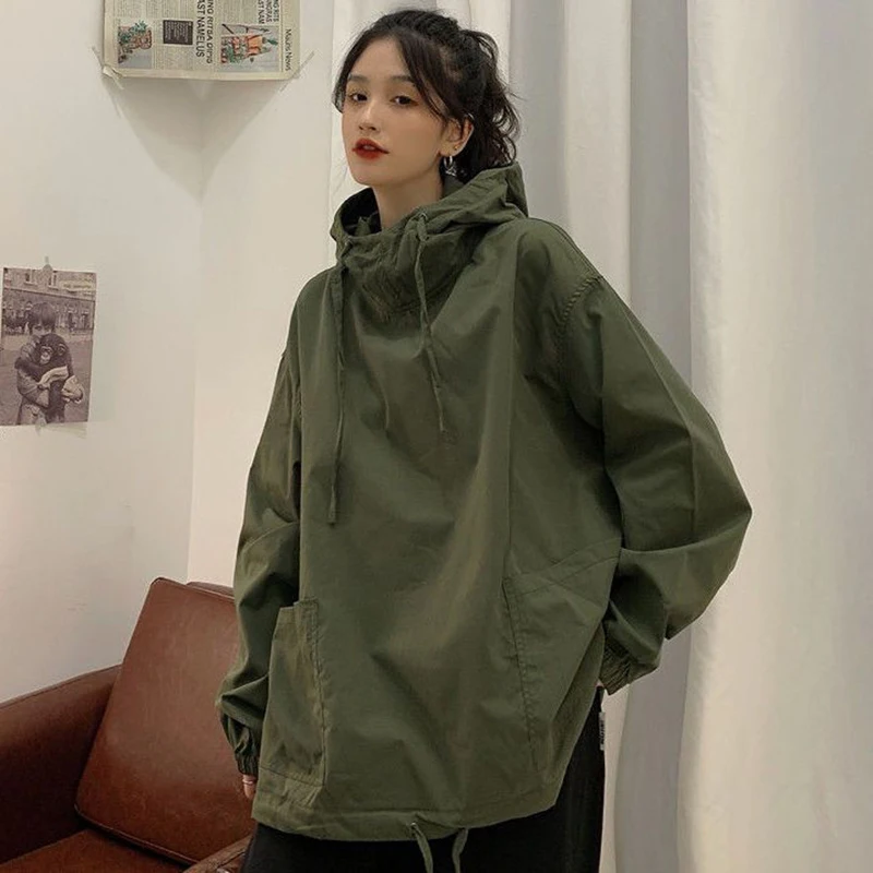 Women's Oversized Hooded Windbreaker Jacket Casual Loose Fit Plus Size Up To 120kg Korean Style Mid Length Streetwear Cool Coat