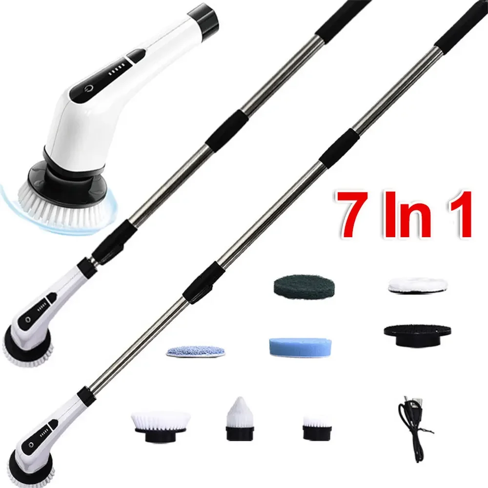 Cordless Power Scrubber 7 In 1 Multipurpose Electric Spin Cleaner with 8 Replacement Brush Heads Rotatable for Bathroom Tub Tile