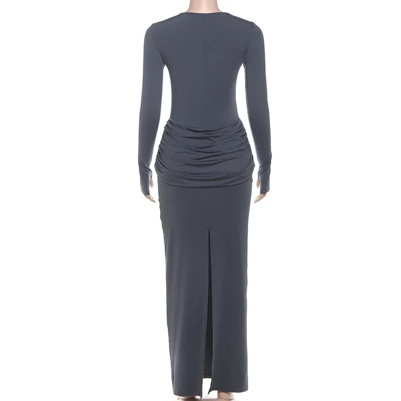 Ruched Bodycon Maxi Dress Women Solid O Neck Full Sleeve Classic Wrap Hips Slim Prom Banquet Party Long Robe Casual Streetwear