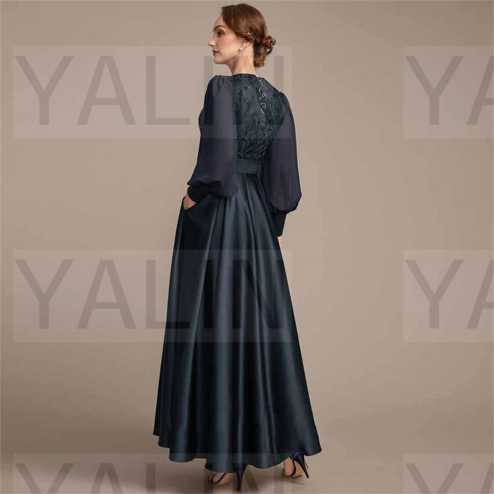 Retro sexy high quality elegant Transparent Sleeve dark-colored Satin Lace printing Crew high-waist Mother Evening Dress