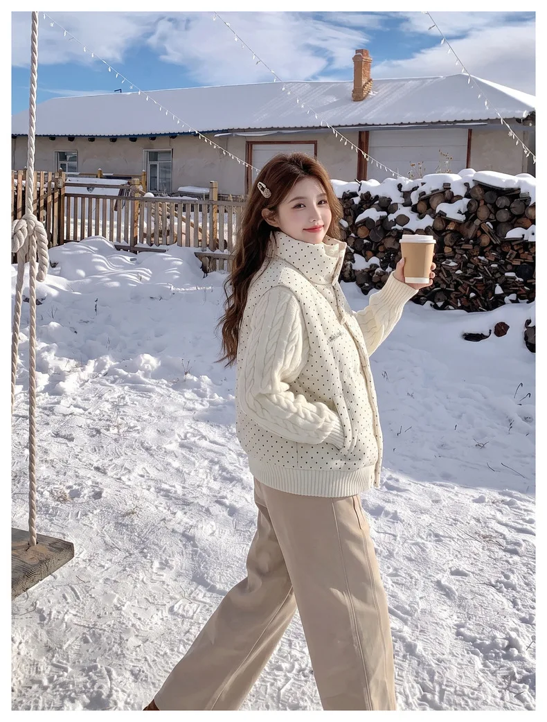 Korean Polka Dot Knit Patchwork Corduroy Cotton Jacket for Women Winter Sweet Thick Puffer Jackets Woman Stand Collar Y2K Parkas