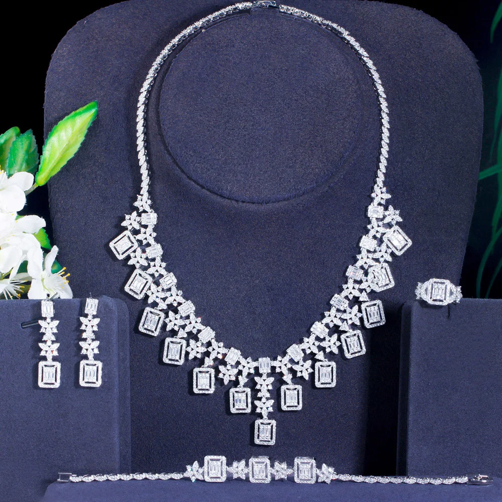 Pera Prominent 4Pcs Bridal Wedding Jewelry Set Cubic Zircon Tassel Square Pendant Necklace Earrings for Women Fashion Brand J529